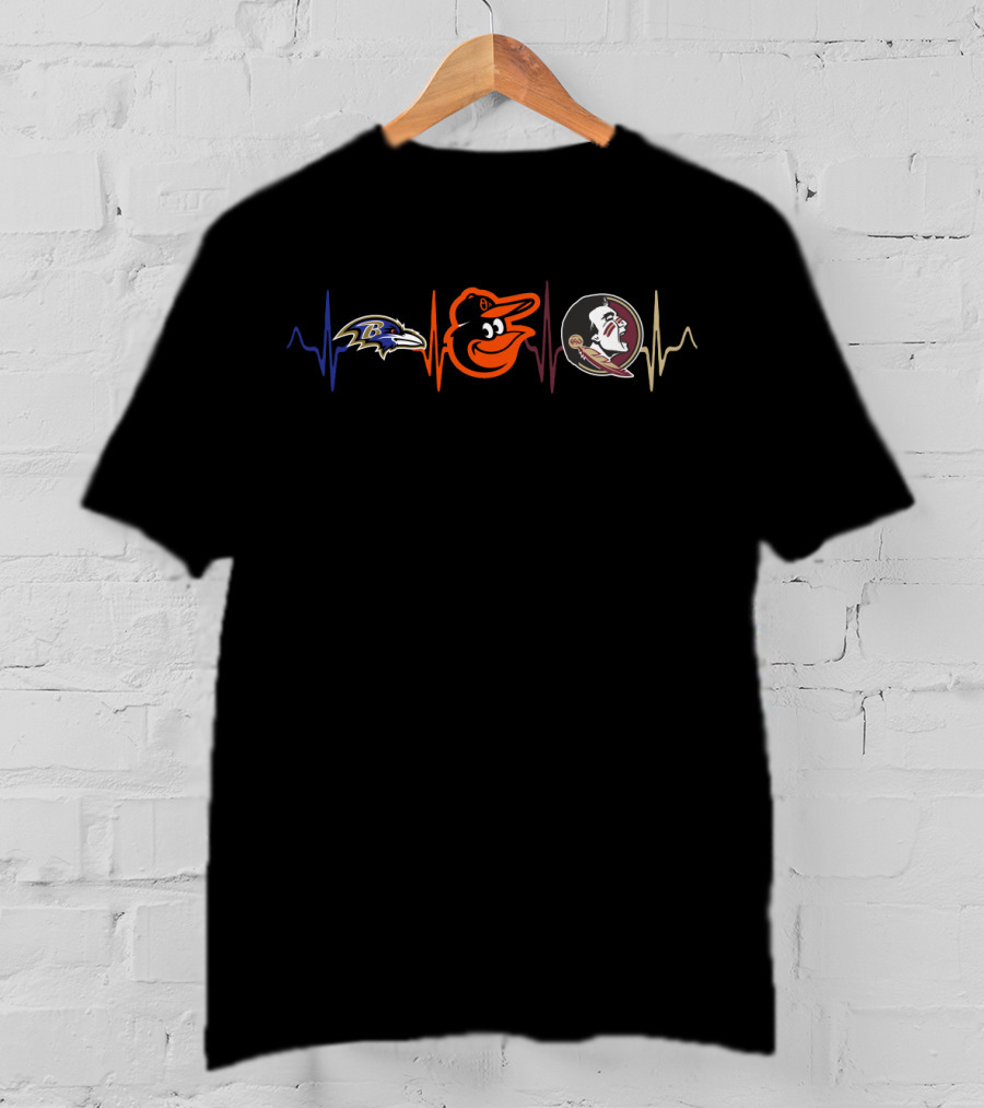 Baltimore Ravens Baltimore Orioles Florida State Seminoles Heartbeat T-Shirt