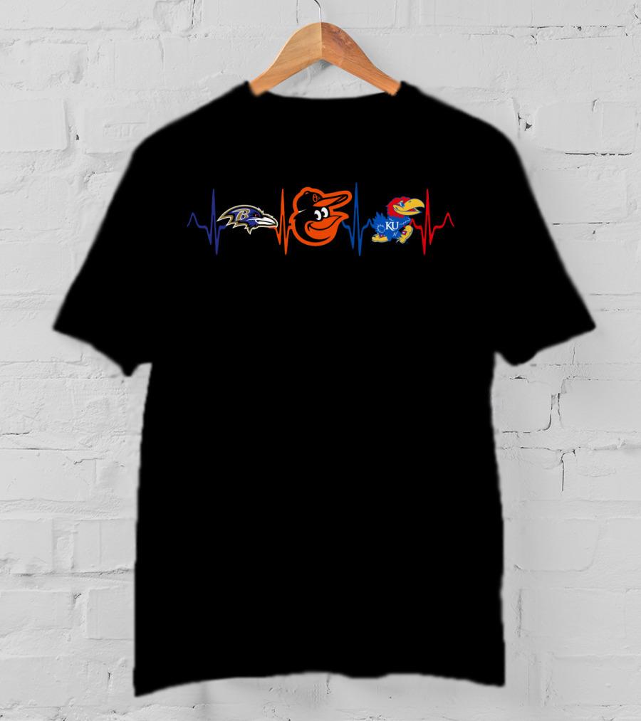 Baltimore Ravens Baltimore Orioles Kansas Jayhawks Heartbeat T-Shirt