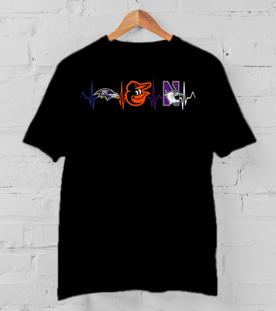 Baltimore Ravens Orioles Northwestern Wildcats Heartbeat T-Shirt