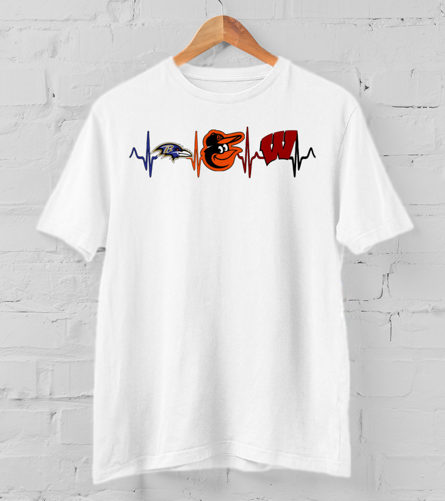 Baltimore Ravens Baltimore Orioles Wisconsin Badgers Heartbeat T-Shirt