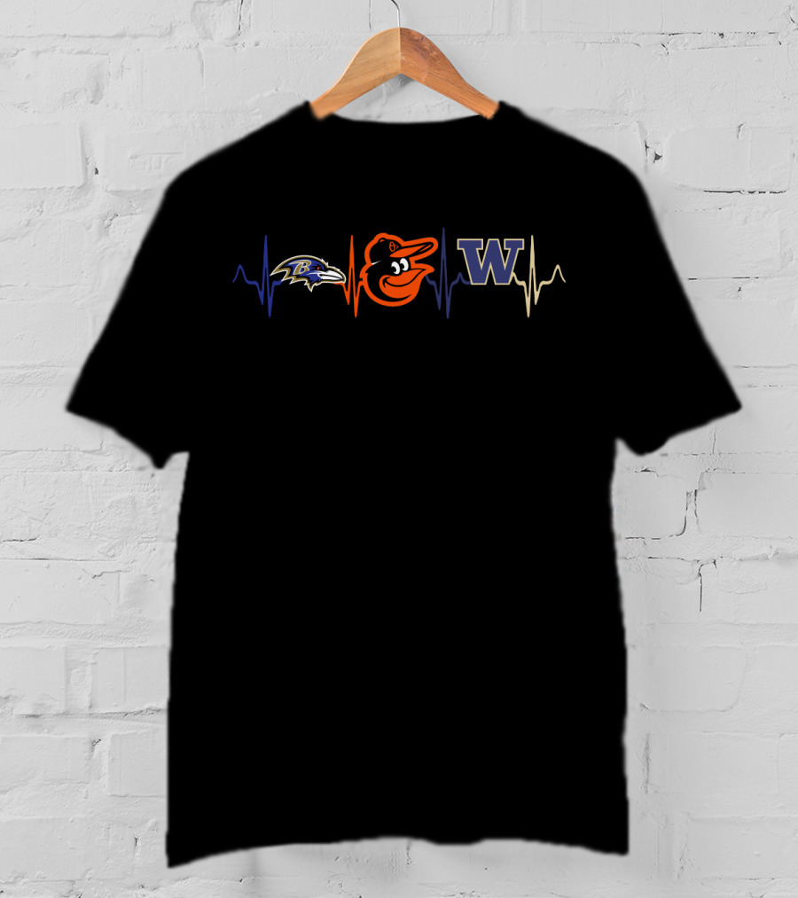 Love Ravens Baltimore Orioles Washington Huskies Heartbeat T-Shirt
