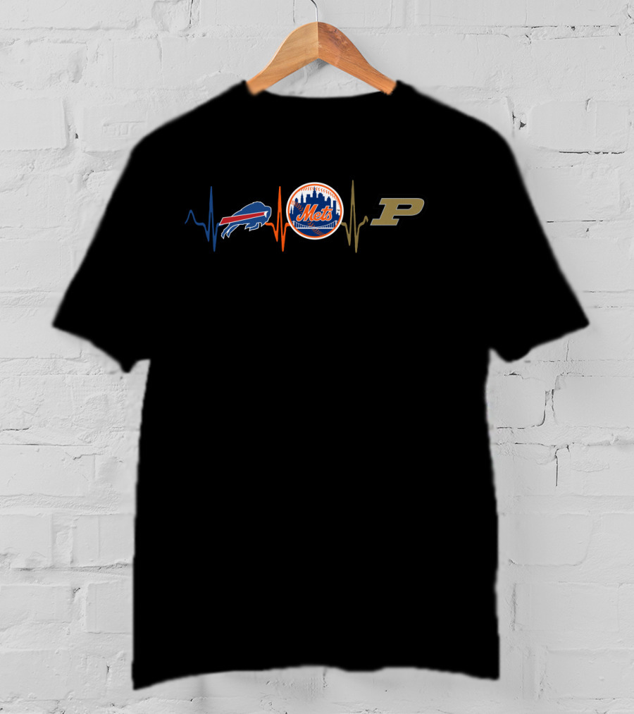 Buffalo Bills And New York Mets With Purdue Boilermakers Heartbeat T-Shirt