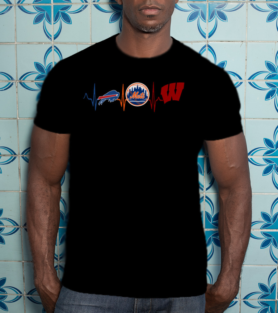 Buffalo Bills New York Mets Wisconsin Badgers Heartbeat T-Shirt