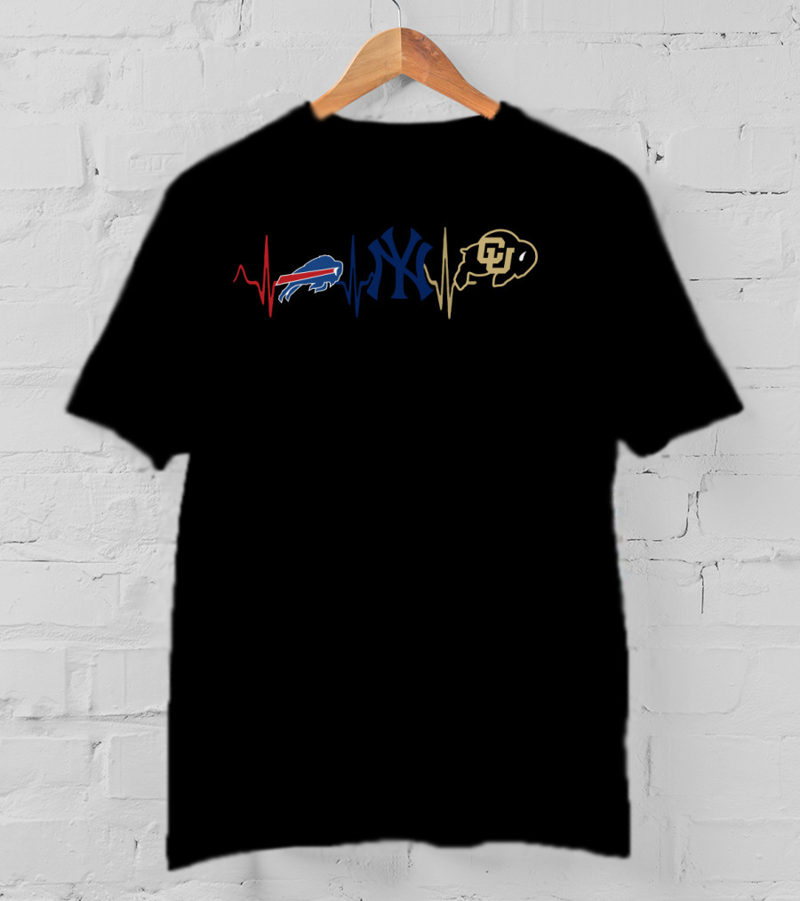 Buffalo Bills New York Yankees Colorado Buffaloes Heartbeat Fan Tribute T-Shirt