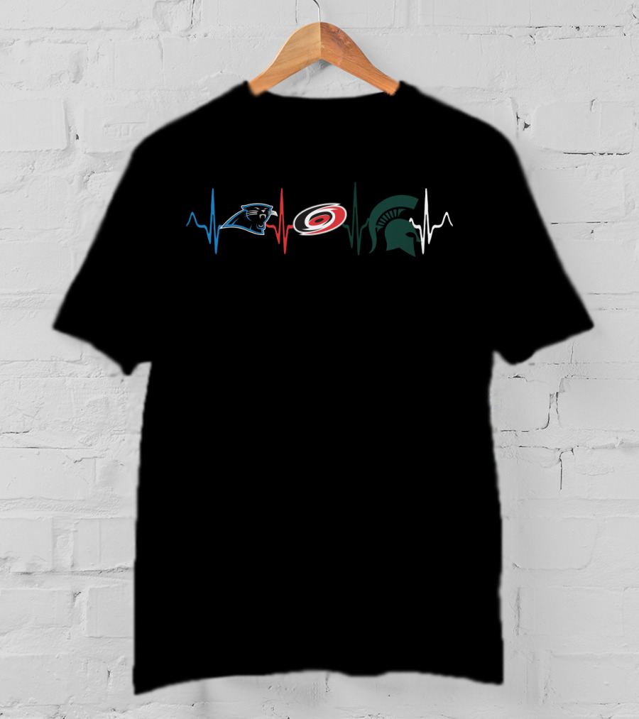 Carolina Panthers And Hurricanes Fans With Michigan State Spartans Heartbeat T-Shirt