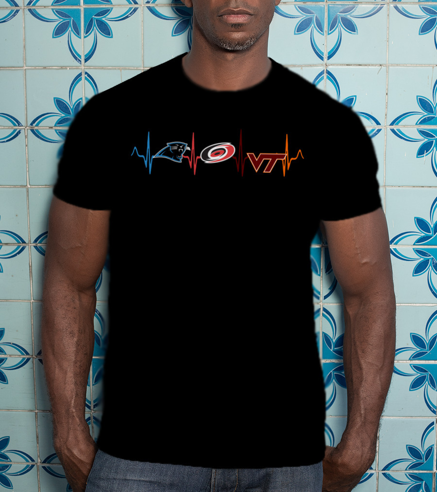 Carolina Panthers And Hurricanes With Virginia Tech Heartbeat T-Shirt