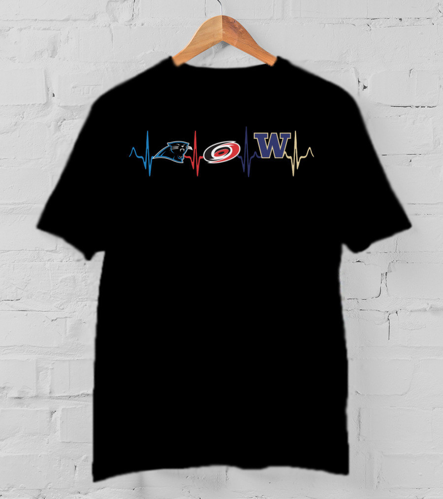 Carolina Panthers Carolina Hurricanes Washington Huskies Love Heartbeat T-Shirt