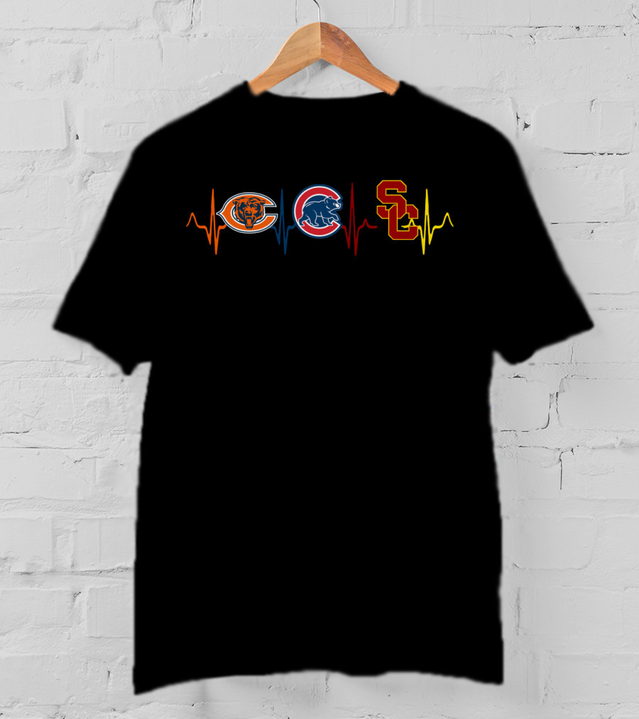 Chicago Bears Cubs Usc Trojans Heartbeat With Ut T-Shirt