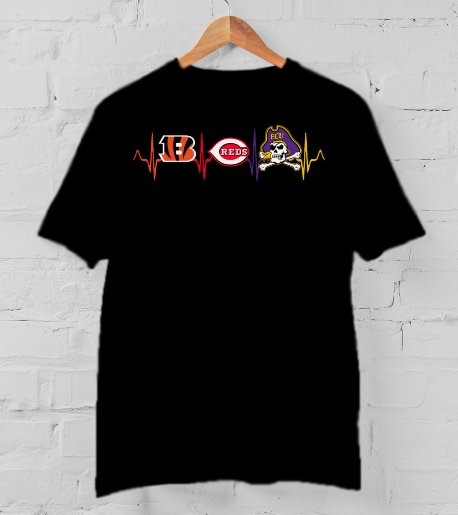 Bengals Reds Ecu Pirates Heartbeat Logos T-Shirt