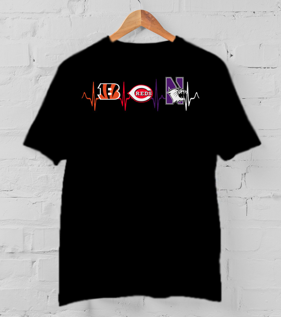 Love Bengals Reds Northwestern Wildcats Heartbeat T-Shirt
