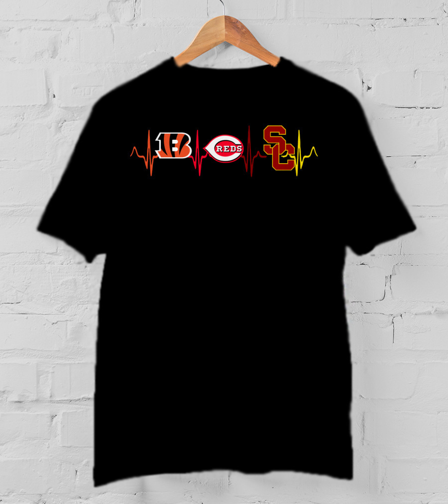 Bengals Reds Usc Heartbeat Iconic Sports Team Tribute T-Shirt