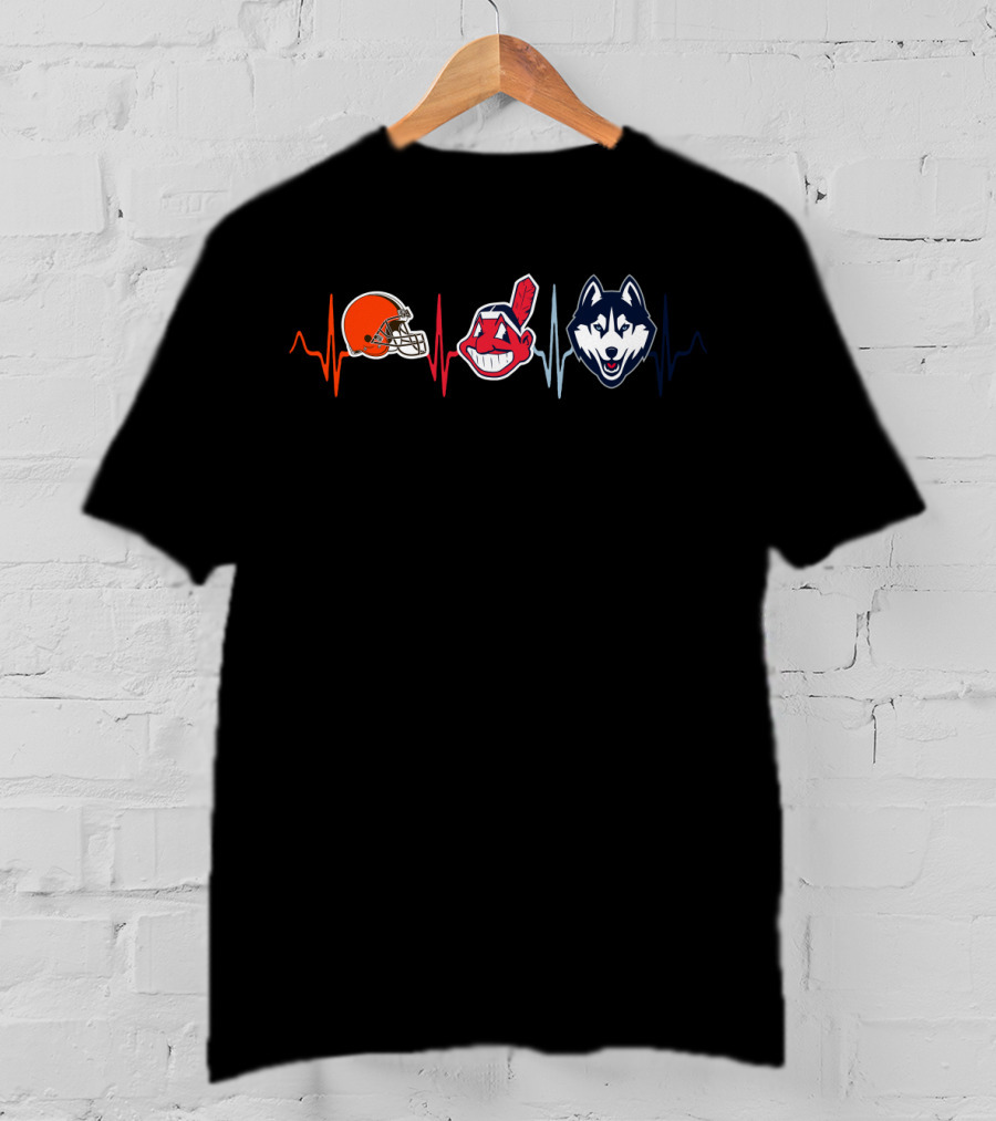 Love Browns Indians Huskies Heartbeat T-Shirt