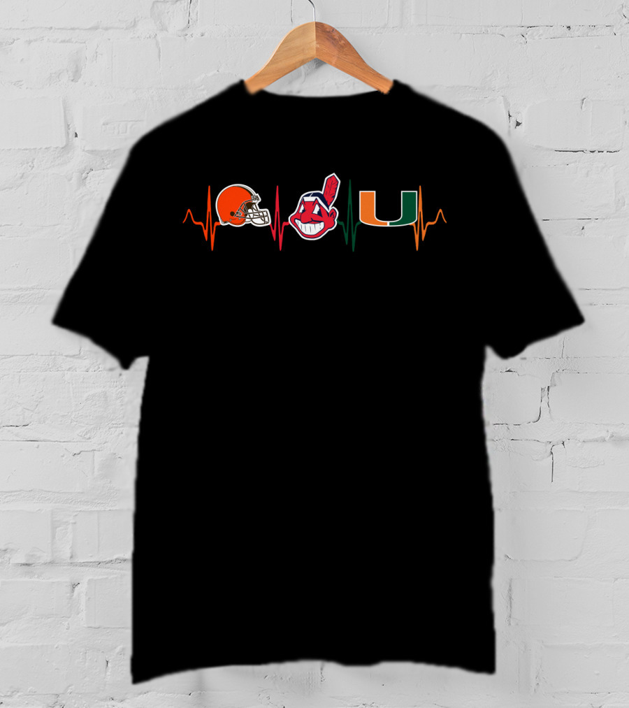 Love Cleveland Browns Indians Um Logos Heartbeat T-Shirt