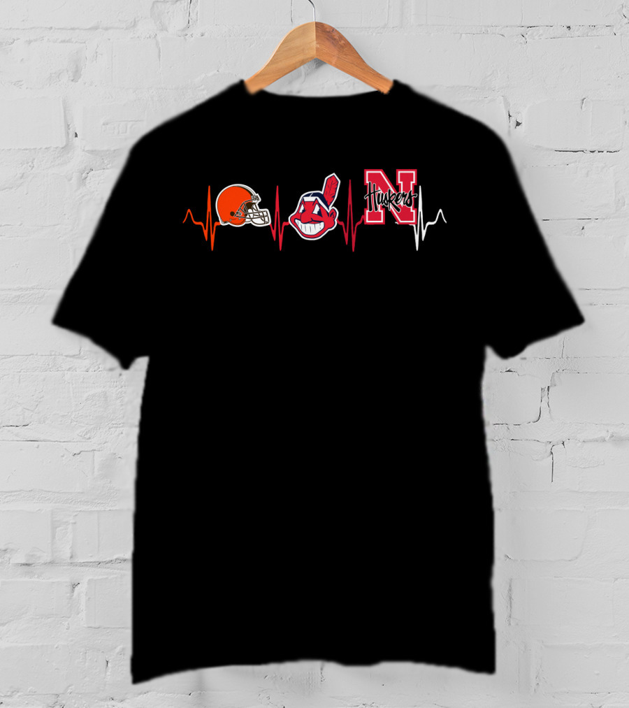 Cleveland Browns Cleveland Indians Nebraska Cornhuskers Logo Heartbeat T-Shirt