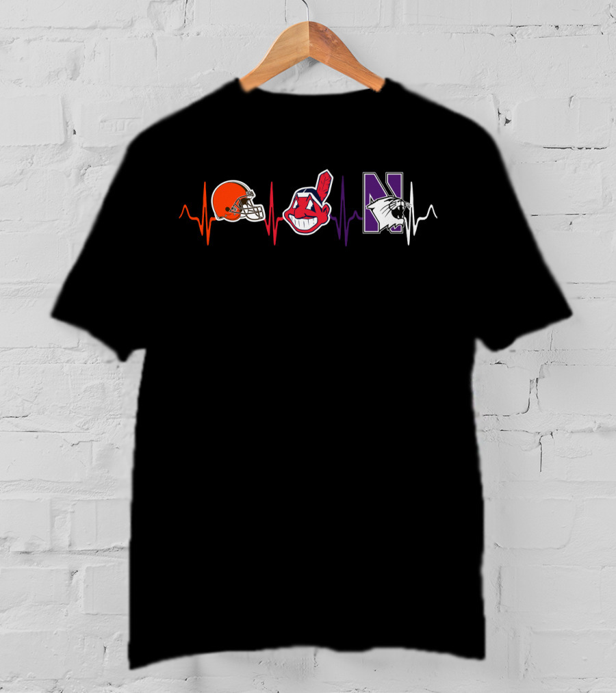 Cleveland Browns Indians Northwestern Wildcats Heartbeat T-Shirt