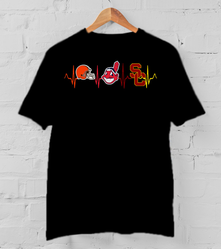 Browns Indians Usc Heartbeat Football And Baseball Passion T-Shirt