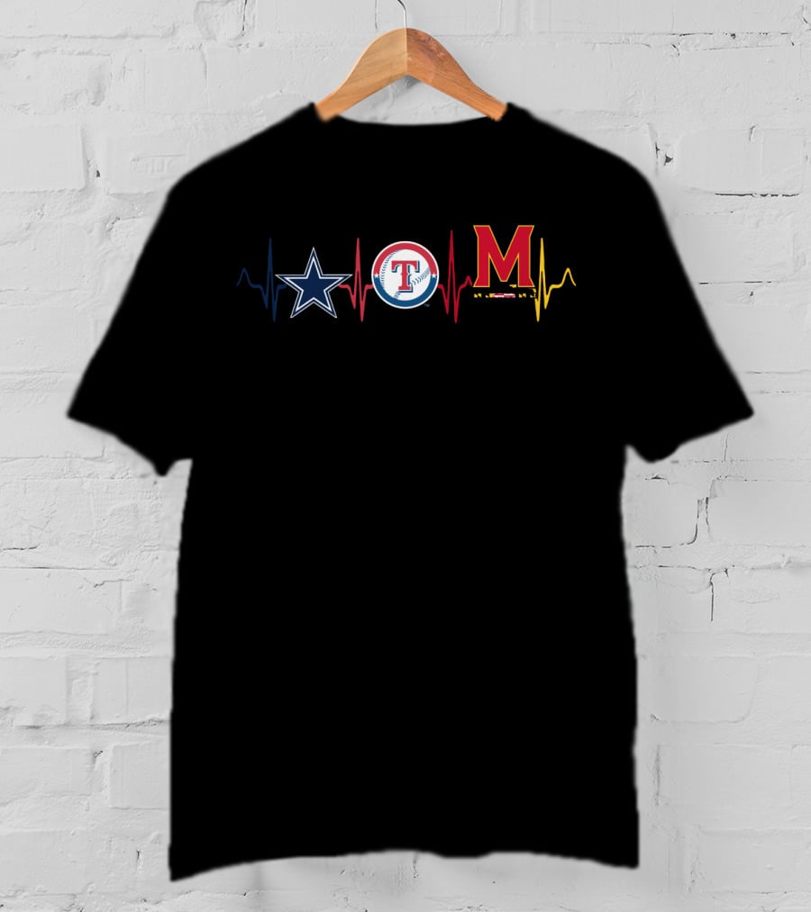 Dallas Cowboys Texas Rangers Maryland Terrapins Ekg Heartbeat T-Shirt
