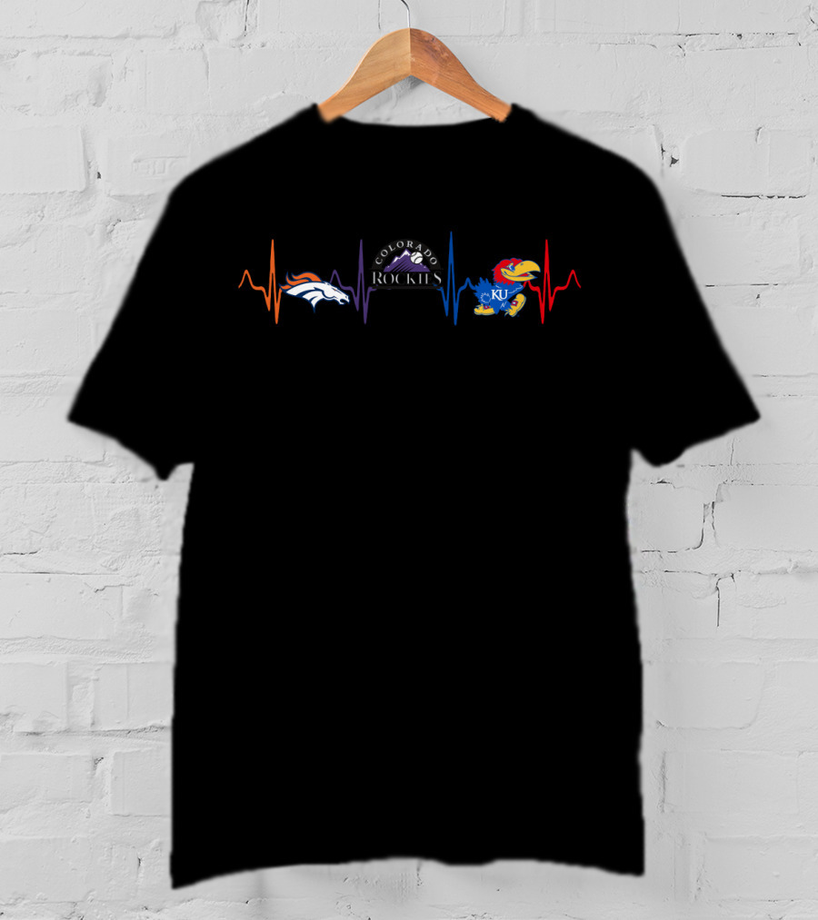 Love For Broncos Colorado Rockies Ku Jayhawks Heartbeat T-Shirt