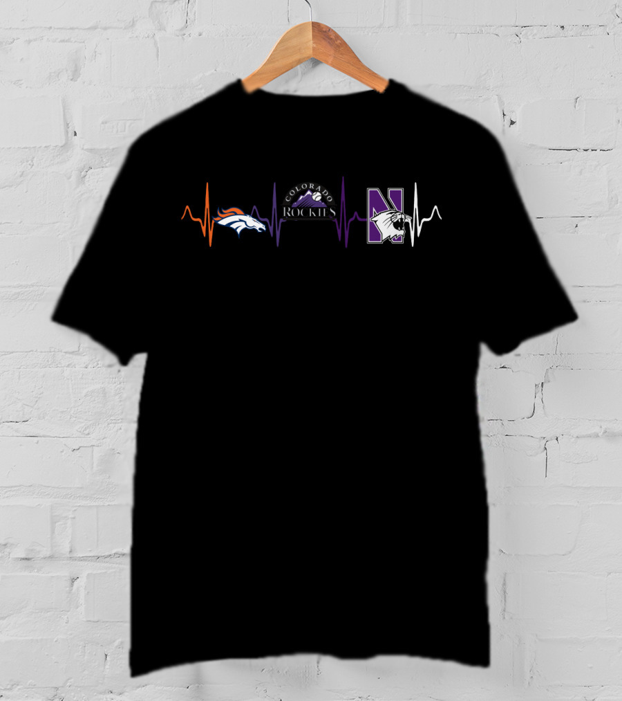 Love Broncos Colorado Rockies Northwestern Wildcats Heartbeat T-Shirt