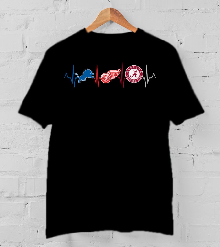 Detroit Lions Detroit Red Wings Alabama Crimson Tide Heartbeat T-Shirt