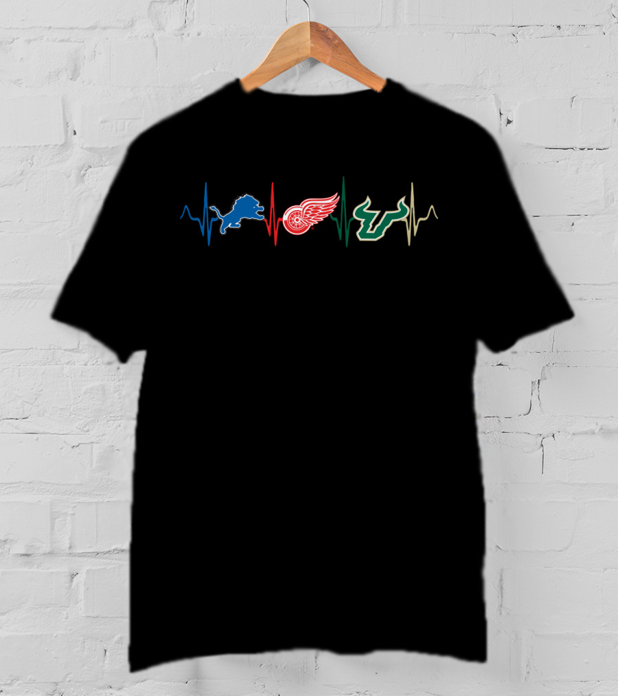 Detroit Lions Red Wings Usf Bulls Heartbeat Sfb T-Shirt