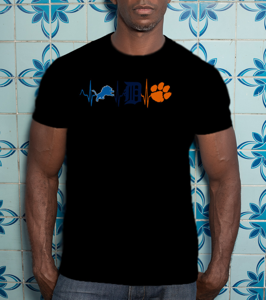 Detroit Lions Tigers Clemson Tigers Heartbeat Love Lions Tigers With Ct T-Shirt