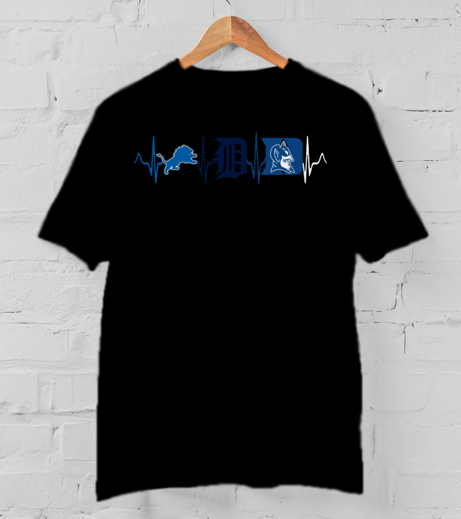 Detroit Tigers Lions Duke Blue Devils Heartbeat T-Shirt