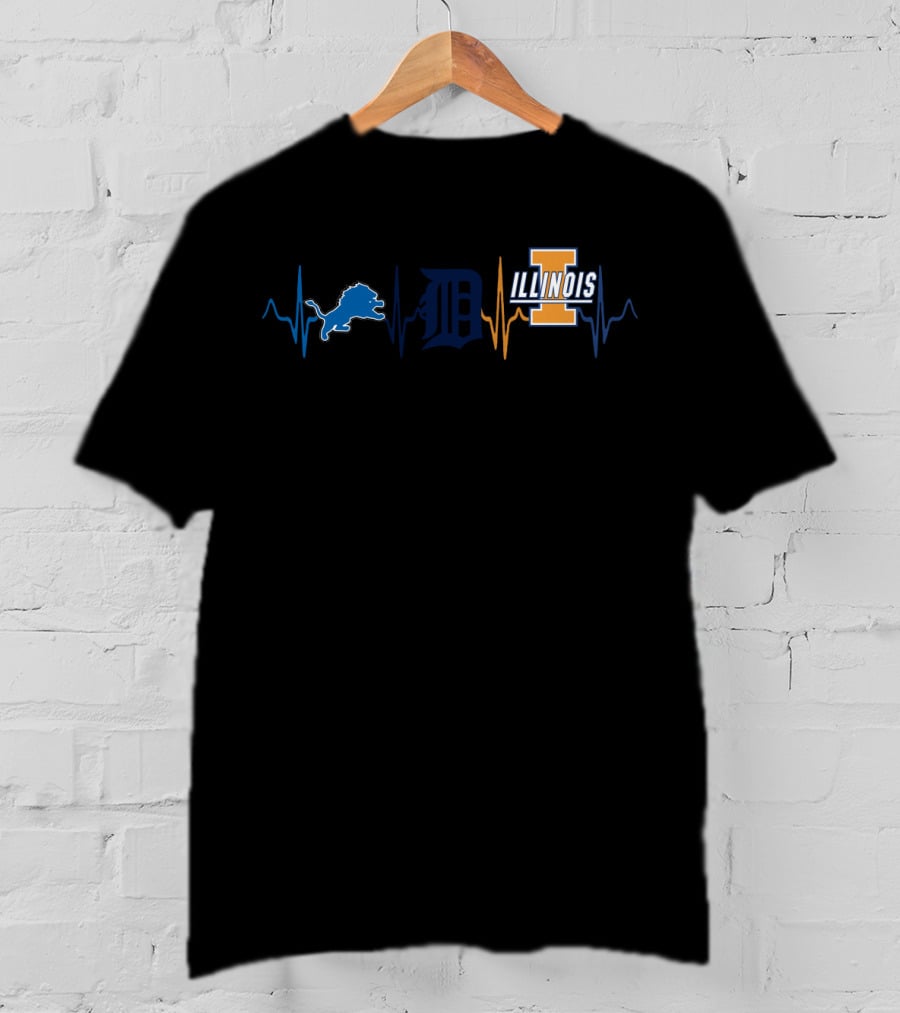 Detroit Lions Detroit Tigers Illinois Fighting Illini Heartbeat T-Shirt
