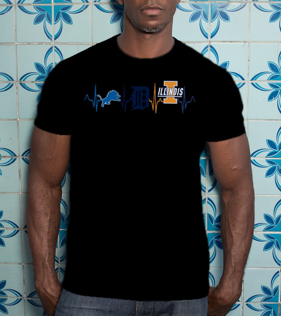 Detroit Lions Detroit Tigers Illinois Fighting Illini Heartbeat T-Shirt