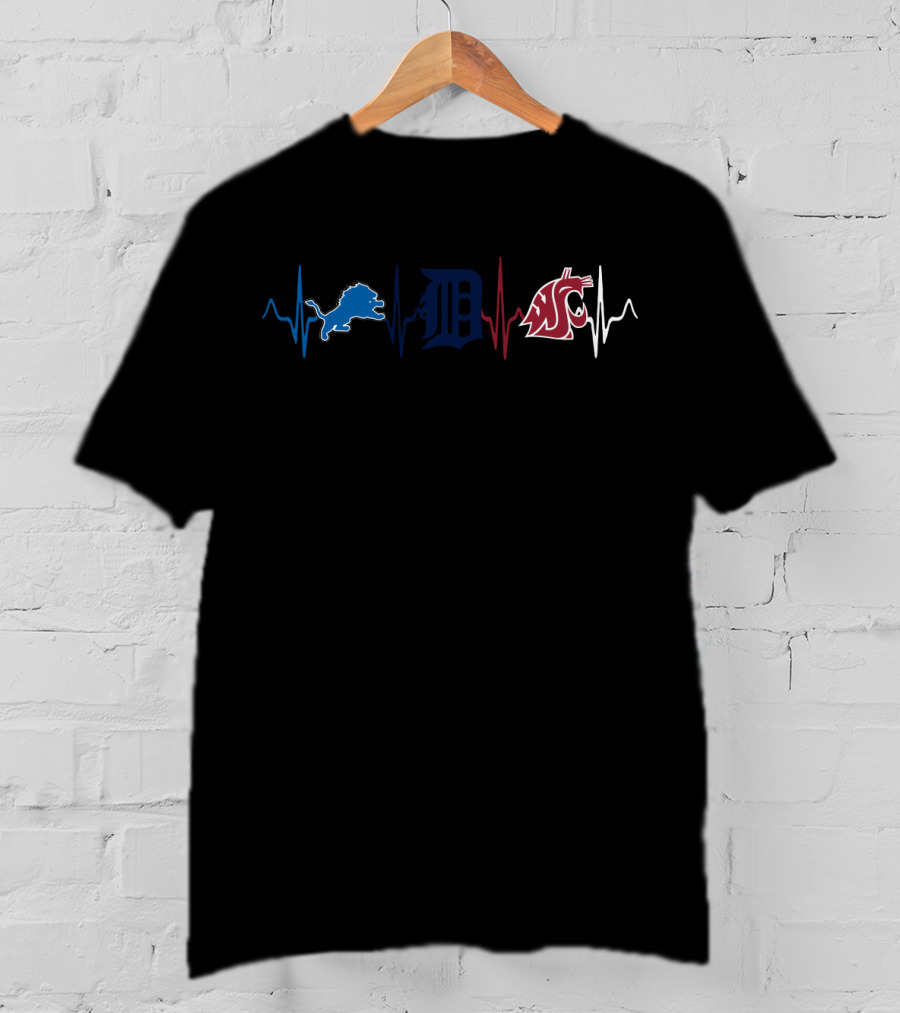 Detroit Lions Detroit Tigers Washington State Cougars Heartbeat T-Shirt