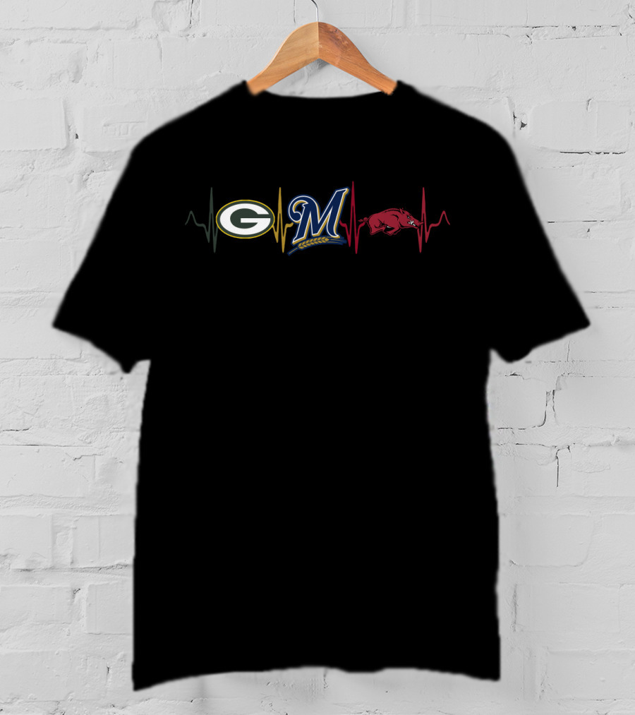 Love Packers Brewers Razorbacks Heartbeat T-Shirt
