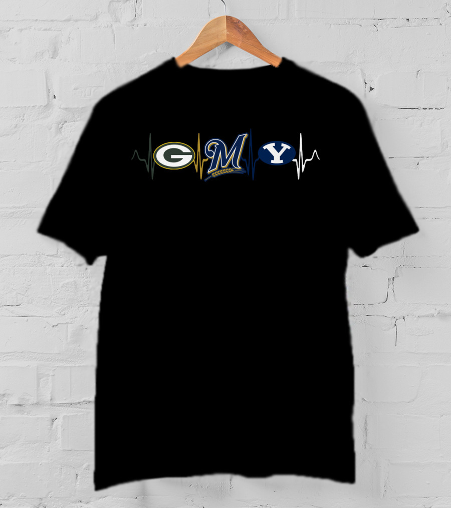 Green Bay Packers Milwaukee Brewers Byu Cougars Heartbeat T-Shirt