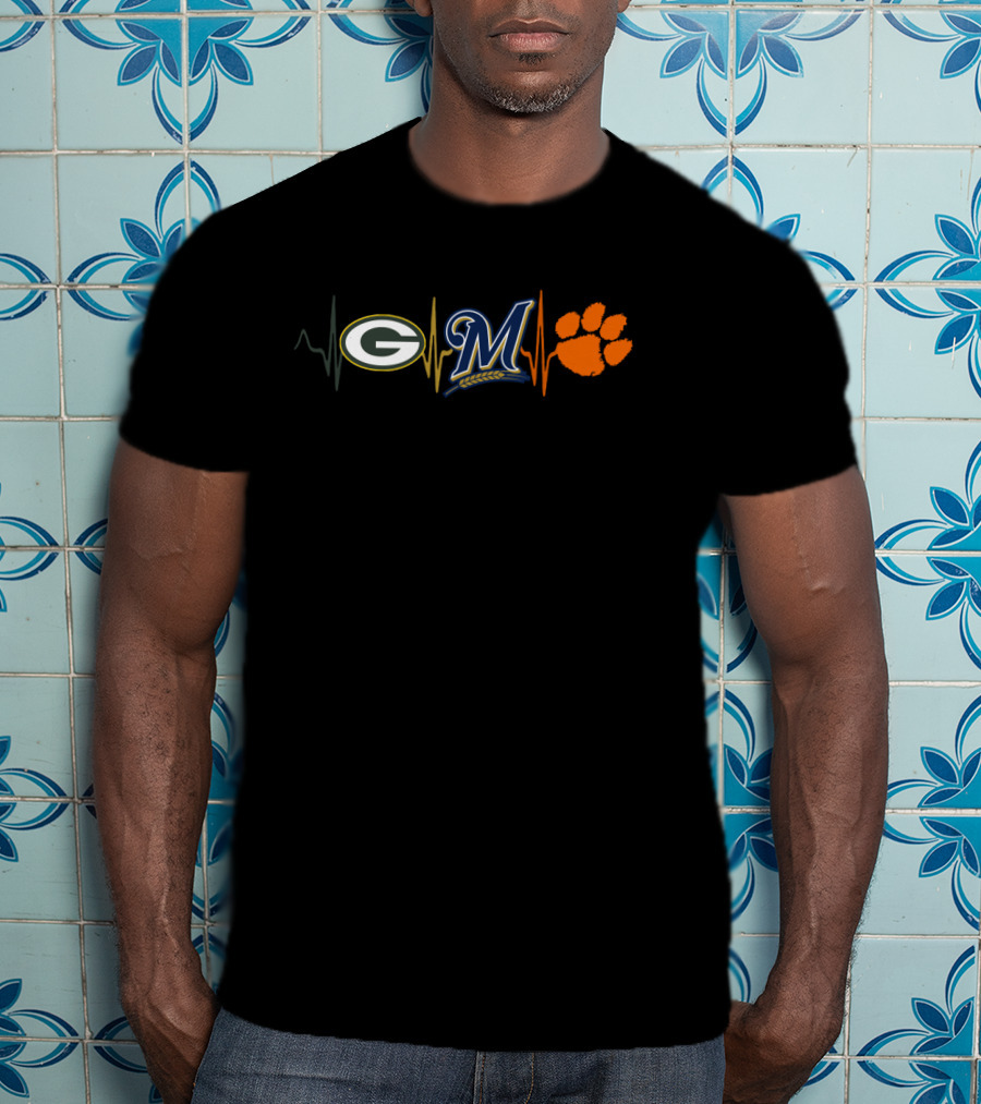 Love Packers Brewers Clemson Heartbeat T-Shirt