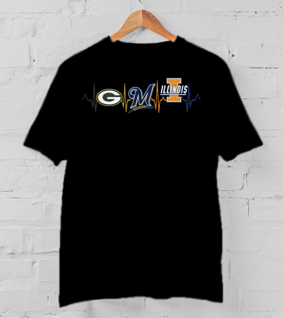 Love Packers Brewers Illinois Heartbeat T-Shirt