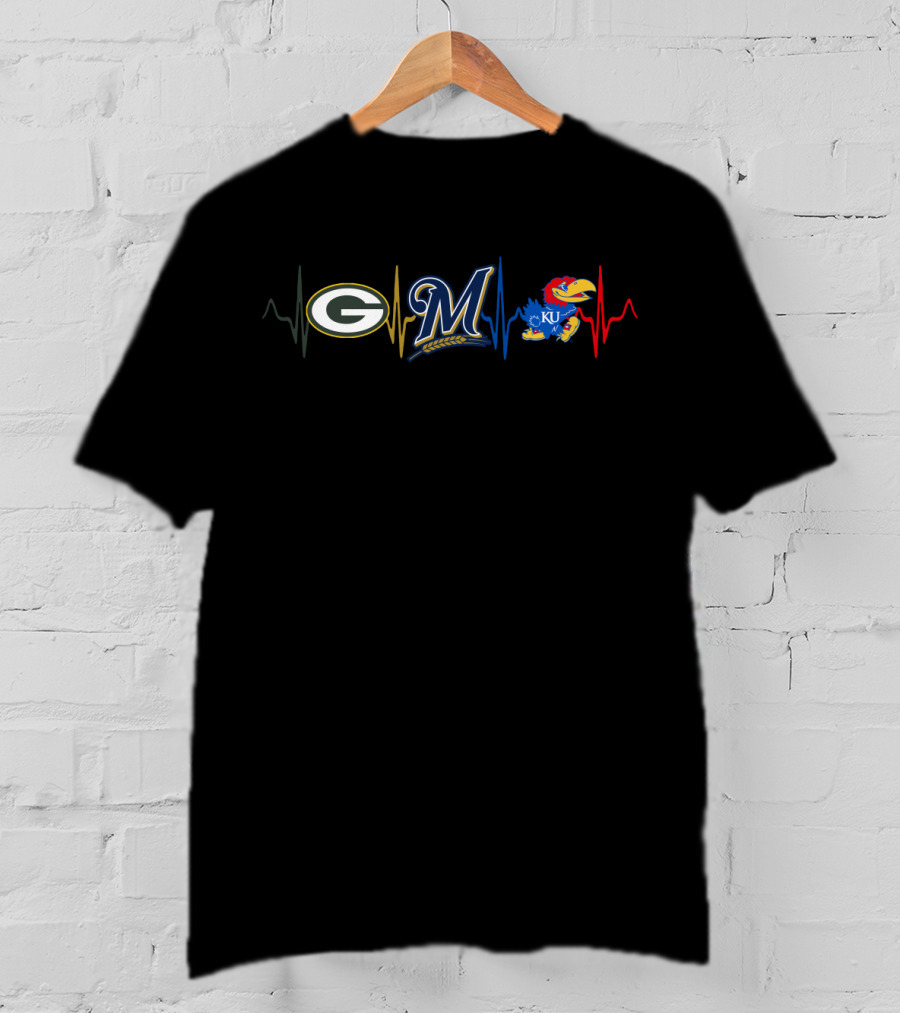 Packers Brewers Ku Jayhawks Heartbeat T-Shirt
