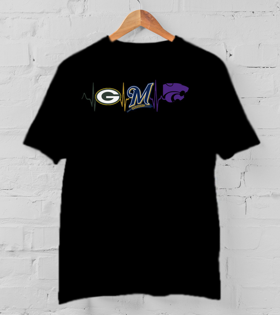 Green Bay Packers Milwaukee Brewers Kansas State Wildcats Fan Heartbeat T-Shirt