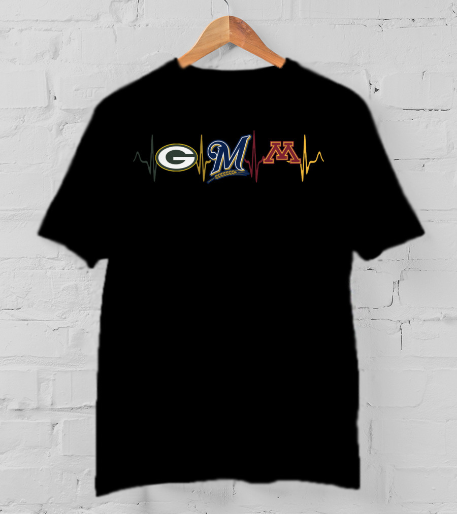 Love Packers Brewers Minnesota Gophers Heartbeat Logos T-Shirt