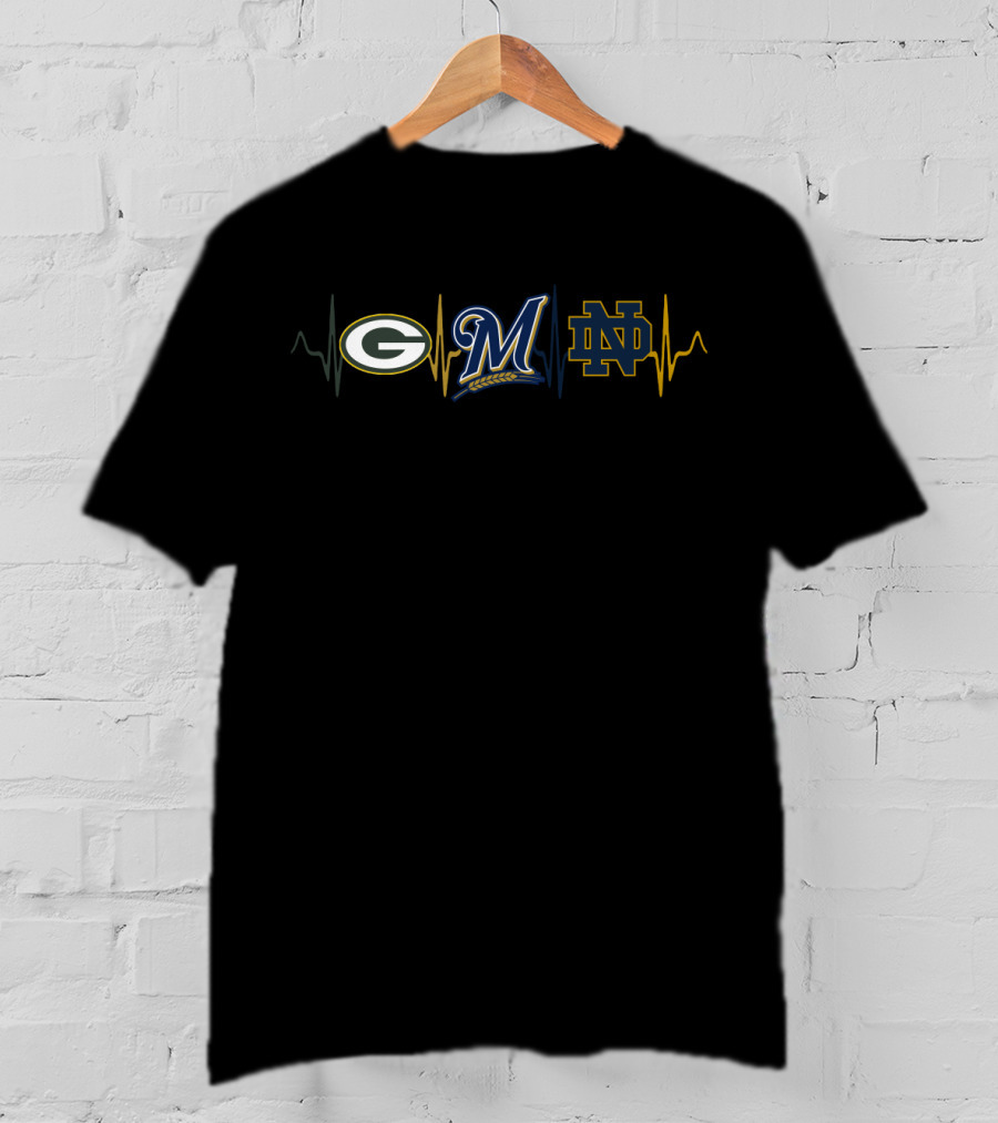 Love Packers Brewers Notre Dame Fan Heartbeat Logos T-Shirt