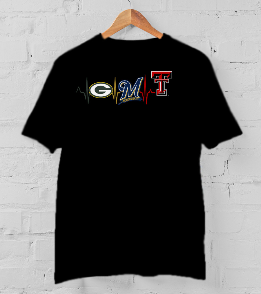Packers Brewers Red Raiders Heartbeat Logo Combination T-Shirt