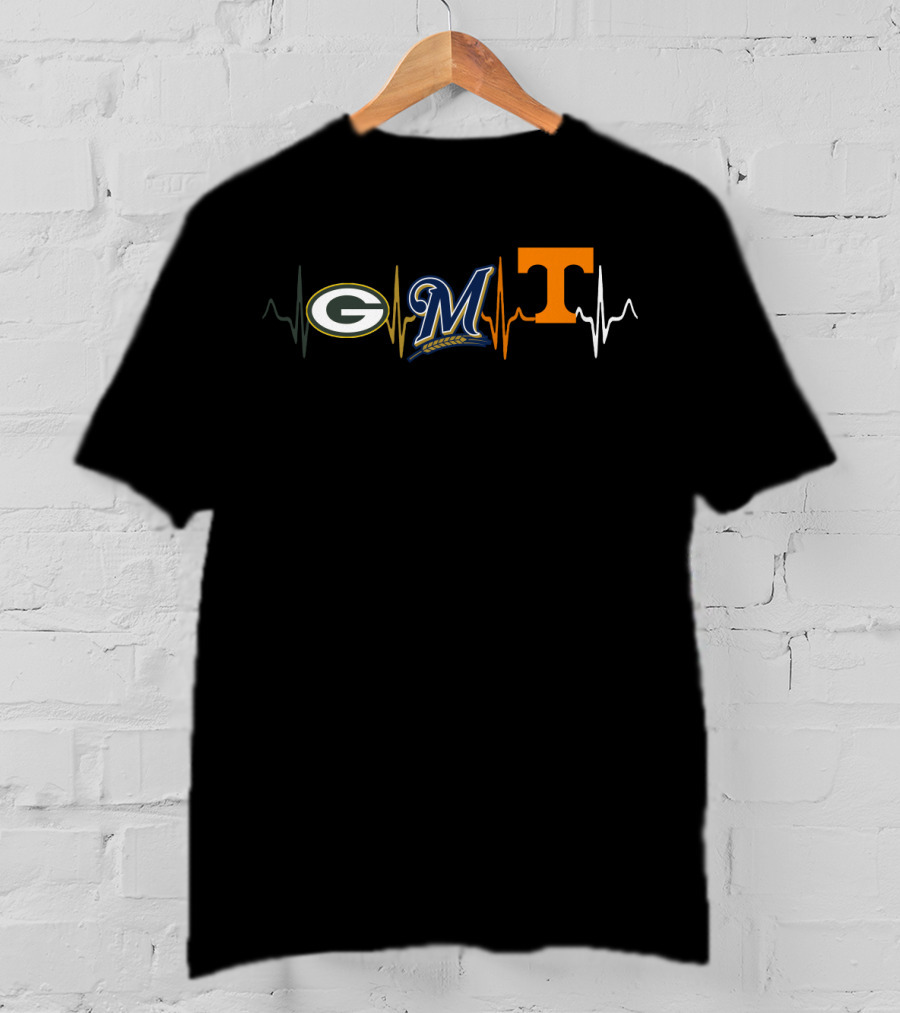 Packers Brewers Tennessee Logos With Heartbeat Lines T-Shirt