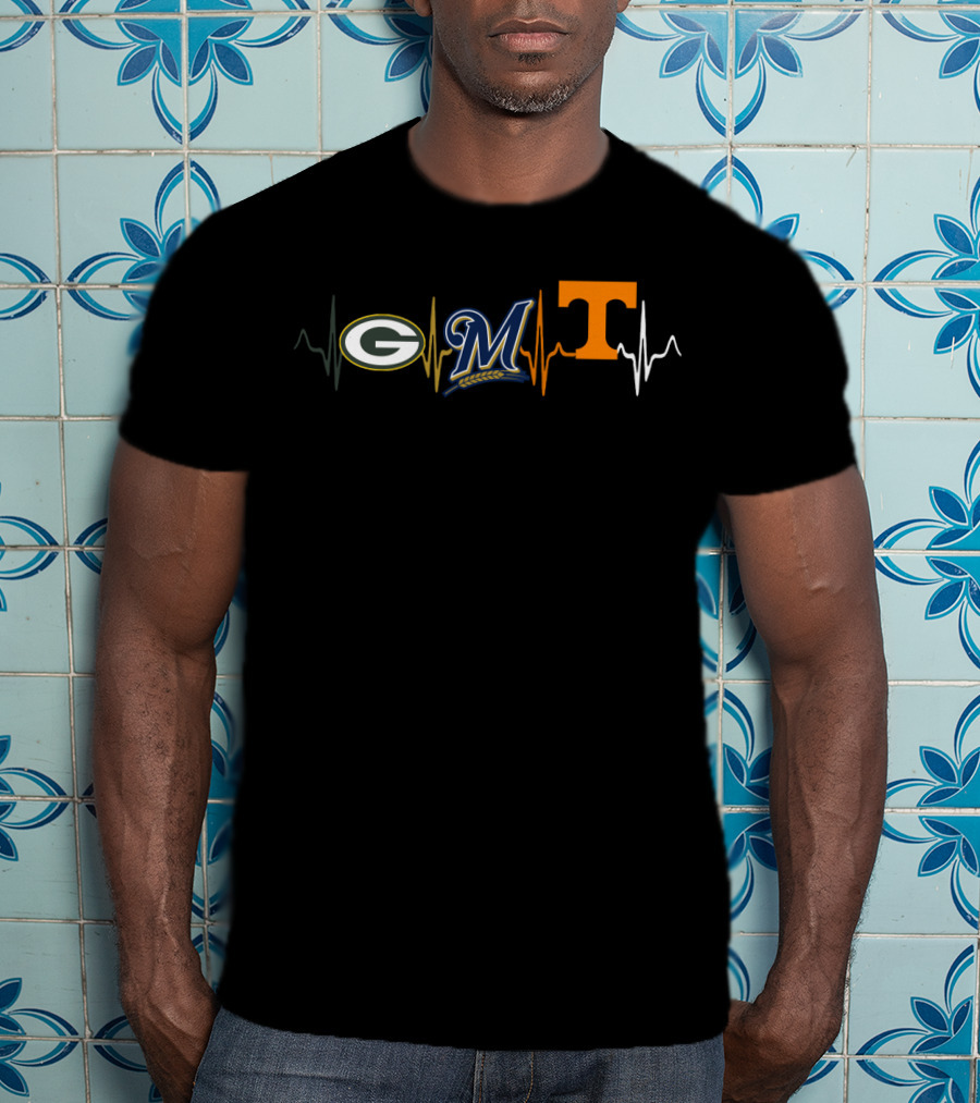 Packers Brewers Tennessee Logos With Heartbeat Lines T-Shirt