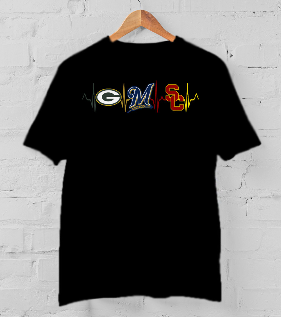 Green Bay Packers Milwaukee Brewers Usc Trojans Heartbeat T-Shirt