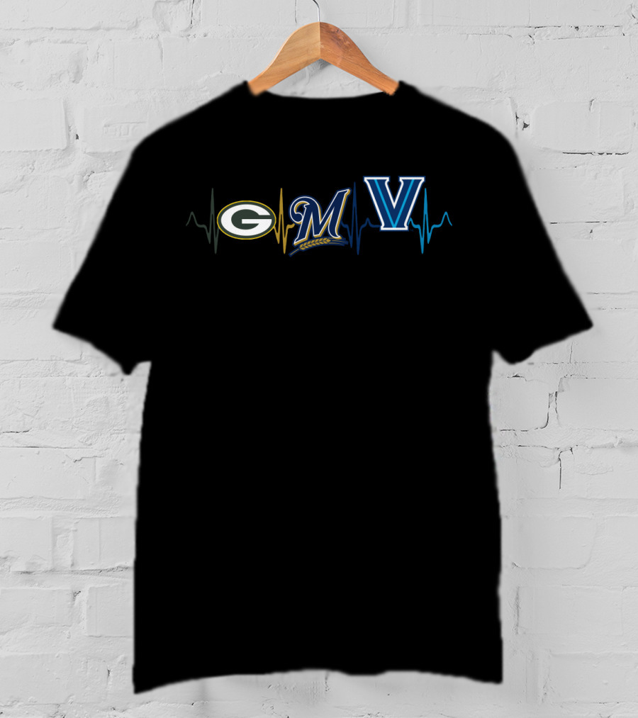 Love Green Bay Packers Milwaukee Brewers Villanova Wildcats Heartbeat T-Shirt