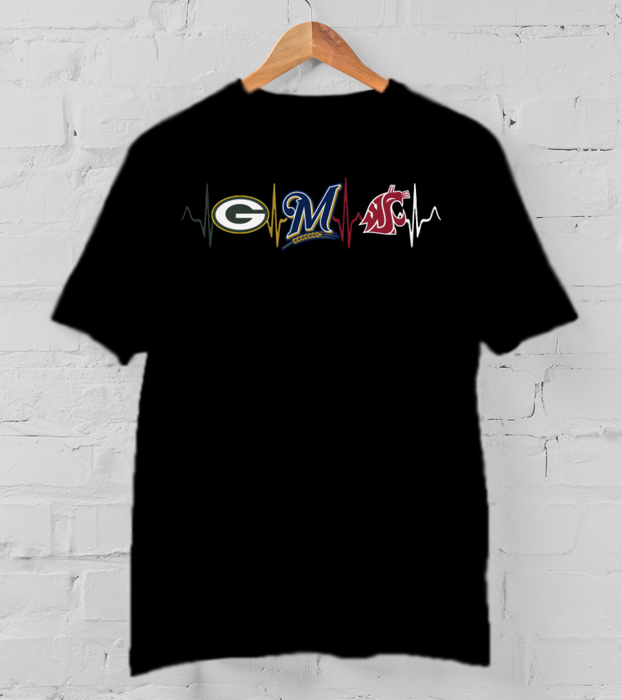 Green Bay Packers Milwaukee Brewers Washington State Cougars Heartbeat T-Shirt