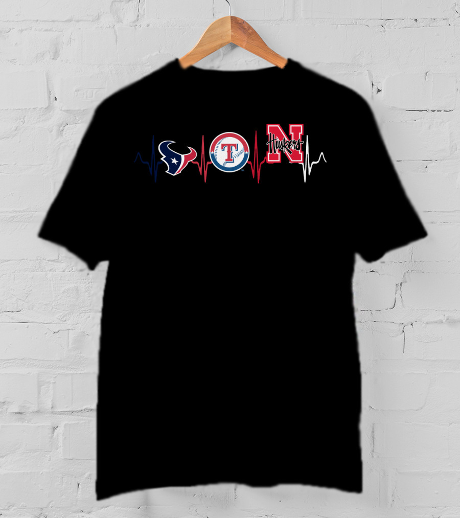 Love Texans Rangers Nebraska Cornhuskers Heartbeat T-Shirt