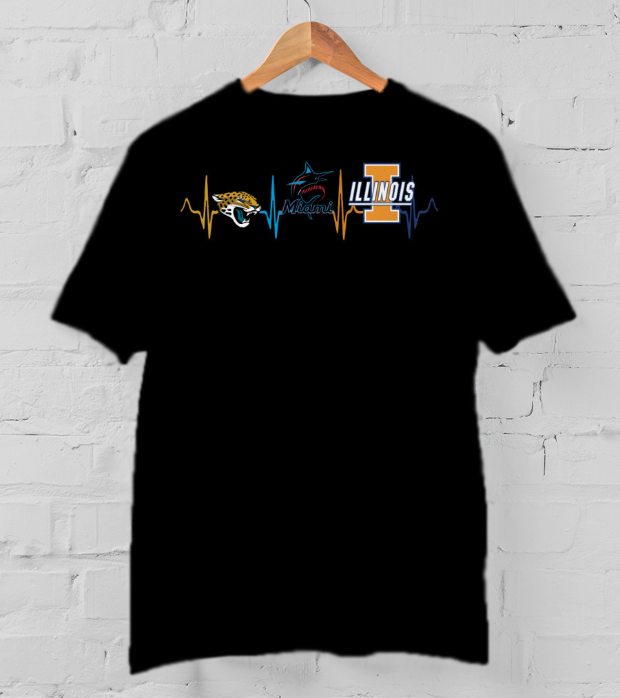 Jaguars Miami Marlins Illinois Heartbeat Icons T-Shirt