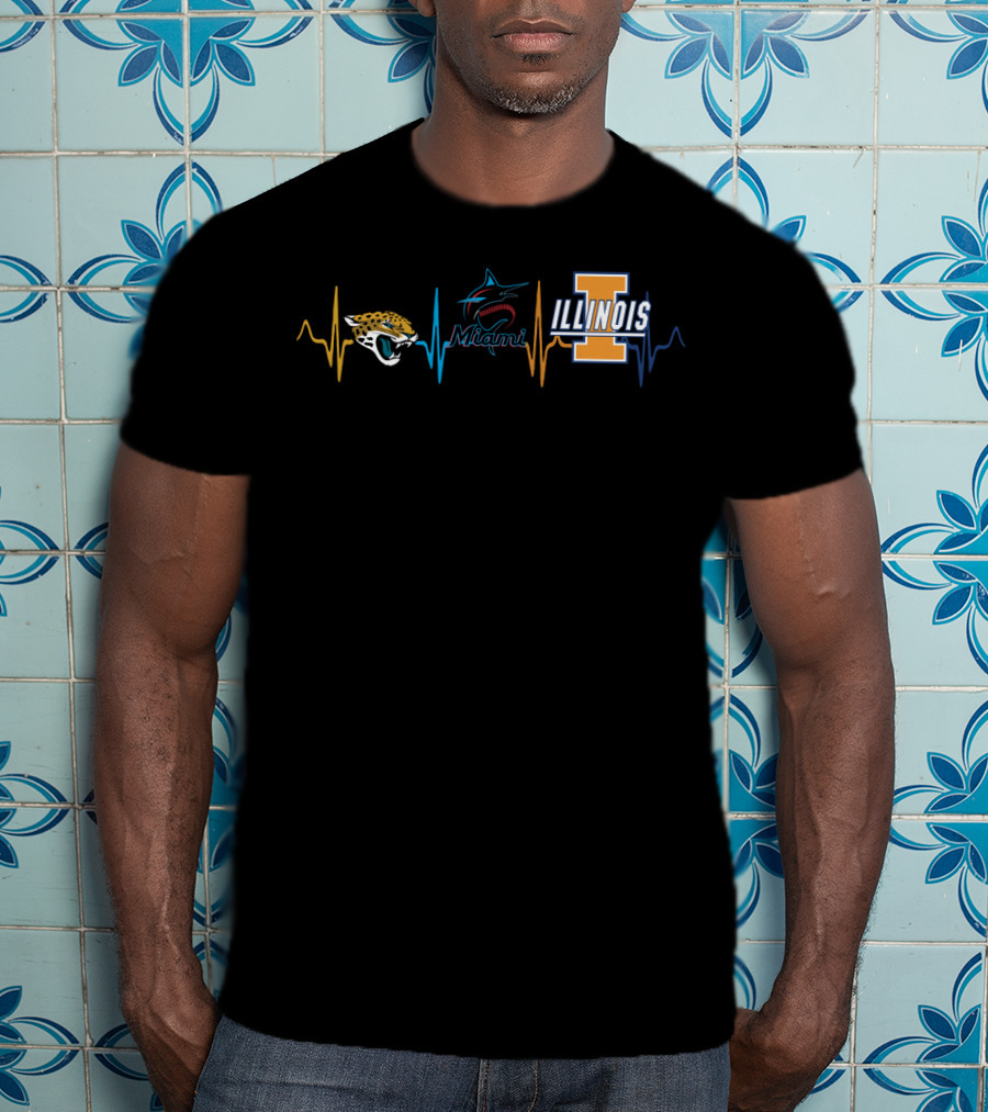 Jaguars Miami Marlins Illinois Heartbeat Icons T-Shirt