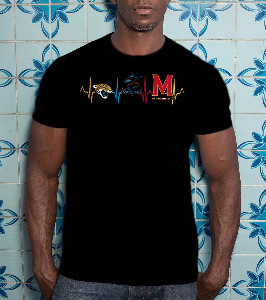 Love Jaguars Miami Marlins Maryland Terrapins Heartbeat T-Shirt