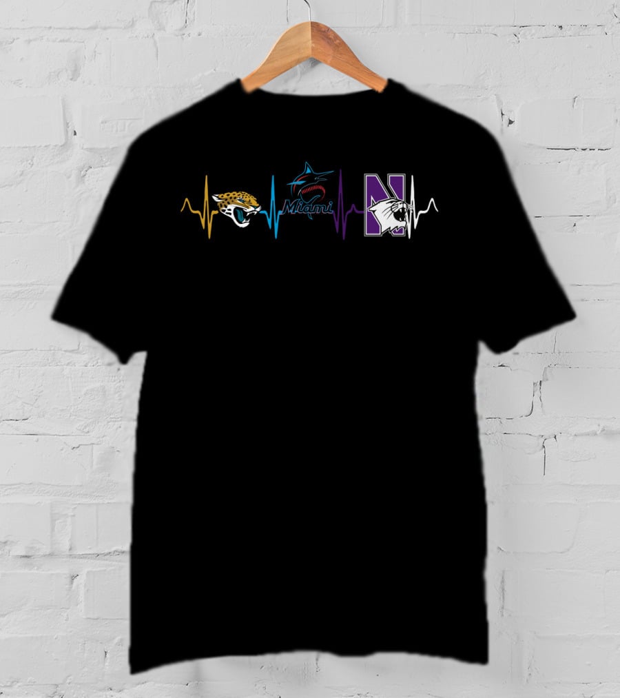 Love Jaguars Miami Marlins Northwestern Wildcats Heartbeat T-Shirt