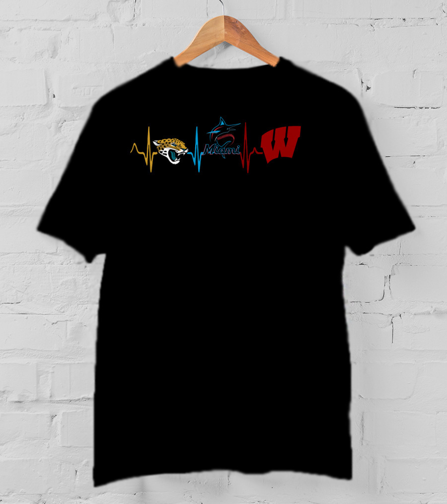 Jacksonville Jaguars Miami Marlins Wisconsin Badgers Heartbeat T-Shirt